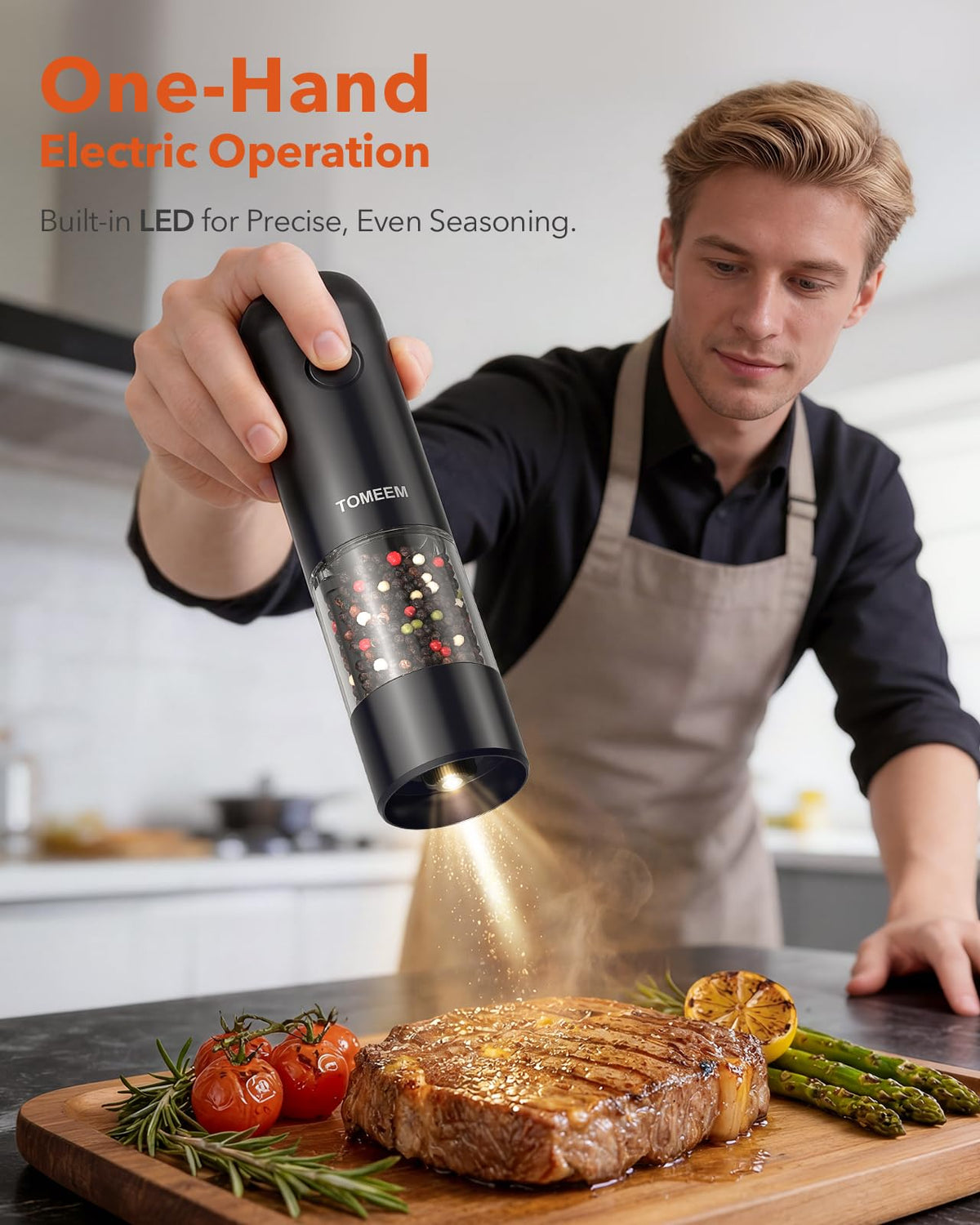TOMEEM Electric Salt and Pepper Grinder Set with LED Lights，Rechargeable Automatic Pepper and Salt Mill with 6 Adjustable Coarseness, Dust Cover, One-Button Control for Cooking, Home Gifts