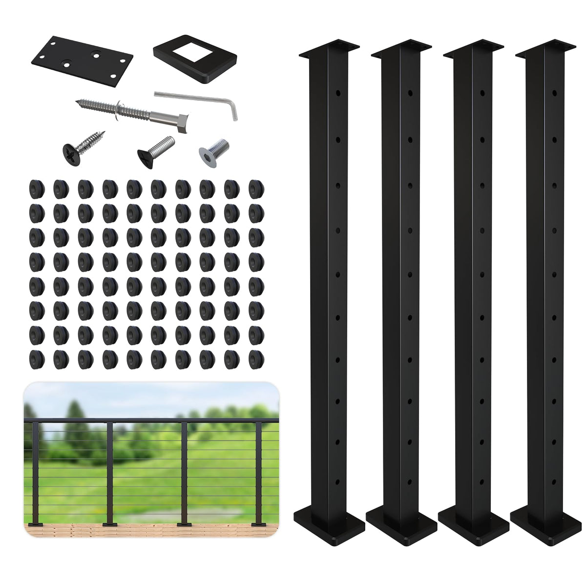 Level Drilled Cable Railing Post 36" (35"X2"x2"), Stainless Steel Black Square Deck Railing Post Flat Bracket, Pre-Drilled Level Holes Railing Post for Horizontal Cable System, Surface Mount Posts(4P)