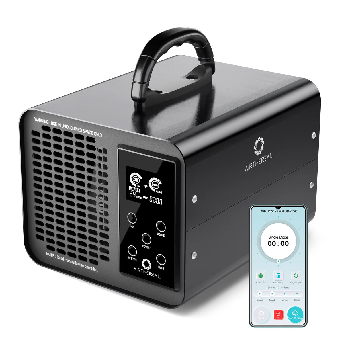 Airthereal MA10K-PRO SMART WiFi Ozone Generator - High Ozone Output Capacity Ozonator- Odor Remover, Deodorizer, Sterilizer - Adjustable Output and Timer Settings for Any Size Room - Black