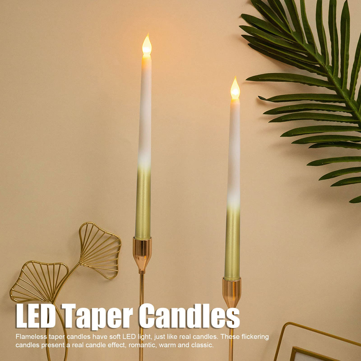 Flameless Taper Candles, 2 Pcs Battery Operated Realistic LED Taper Candles with Flickering Warm Yellow Flame Dripless Electric Decorative Led Candles for Home, Christmas, Wedding(half spray gold)