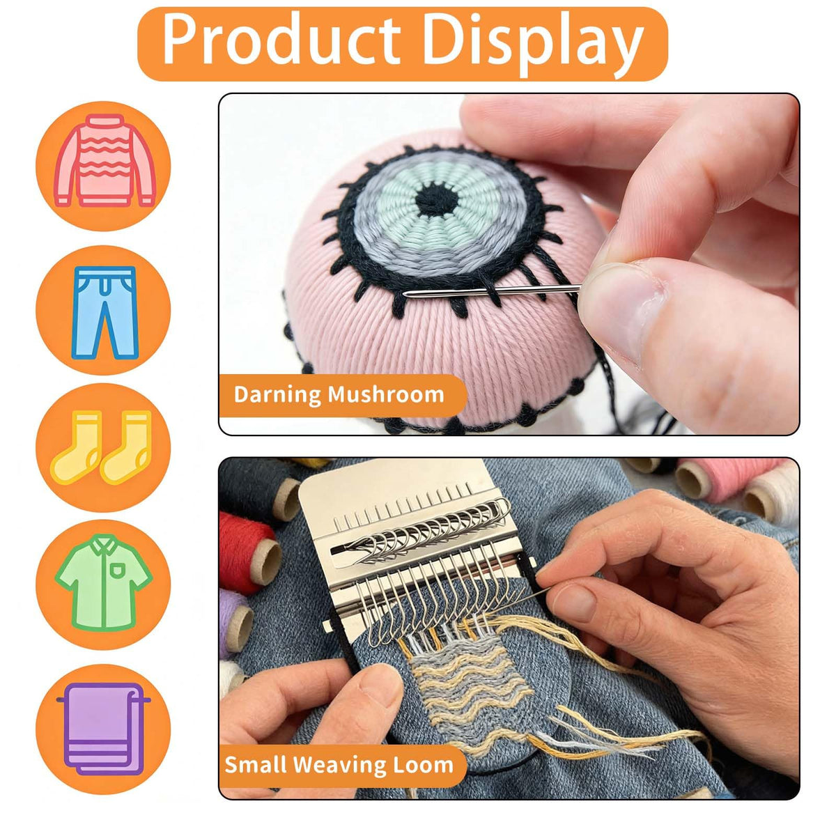 Semyifu Mini Darning Loom, Mushroom Knit Patch Kit, knitpatch kit for Beginners with 14 Hooks, patchmaker Loom for Jeans Socks Clothes Repair, Includes Needles Threads & Pin Cushion (Random Pattern)