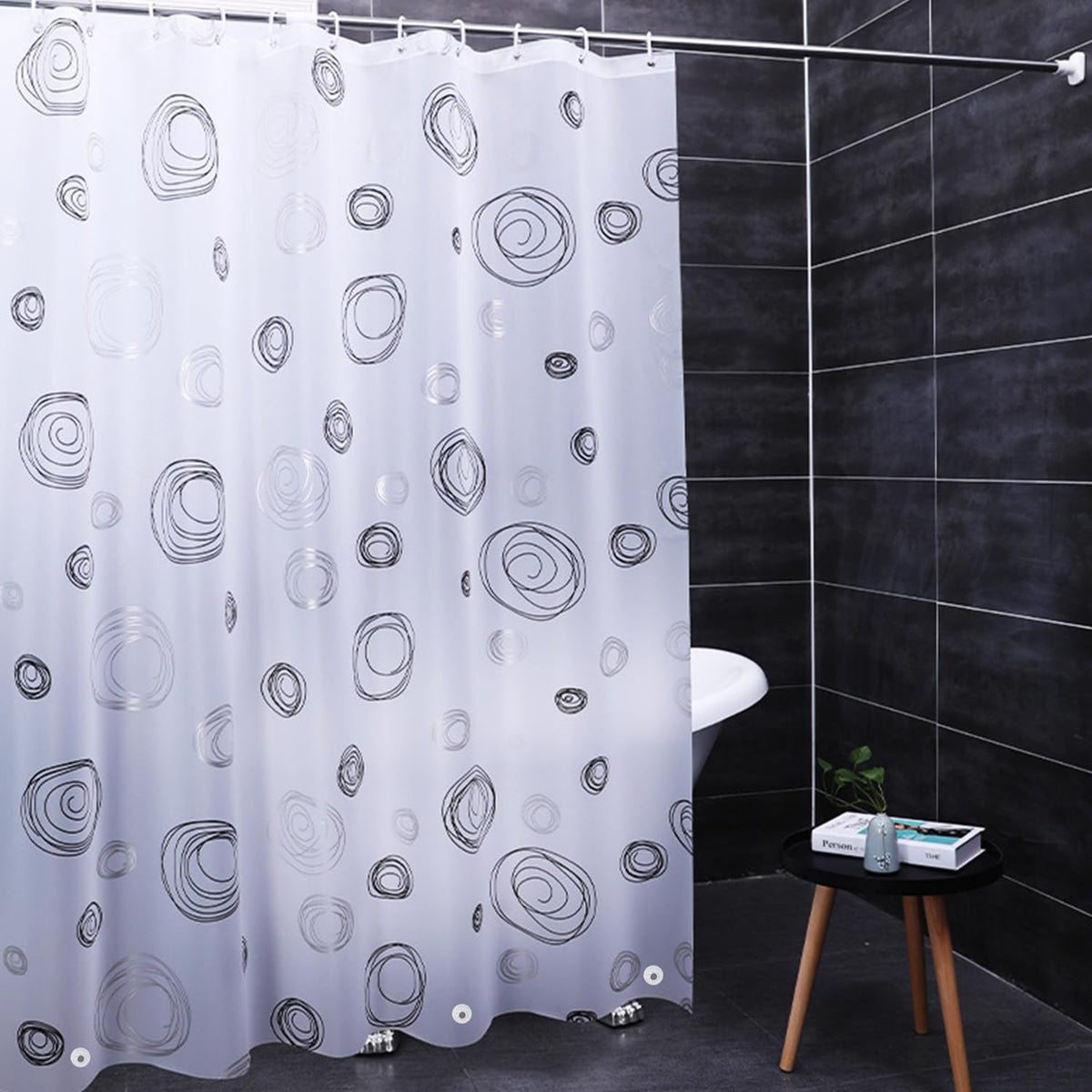 Myratts Plastic Shower Liner - Premium EVA 6G Thickened Shower Curtain Liner with Rustproof Grommets and 3 Weighted Magnets, Waterproof Shower Curtain for Bathroom(Black Circle)