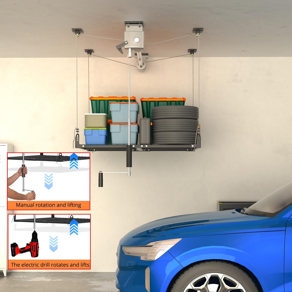 UODENGA Overhead Garage Storage Rack,4x4FT Ceiling Storage Racks with Secure Lock,Garage Storage Lift System for Easy Up Down,Industrial Elevator Lift Holds 400 Lbs