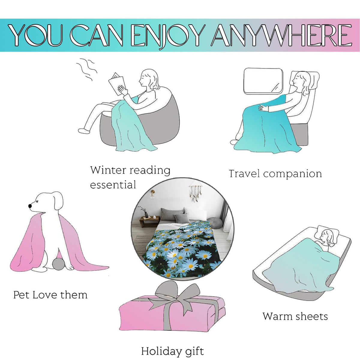 Plistiz Blue Ocean Stingray Throw Blanket 50x60, Fish Theme Blankets for Living Room Decor, Soft Flannel Stingray Gifts for Adults and Kids