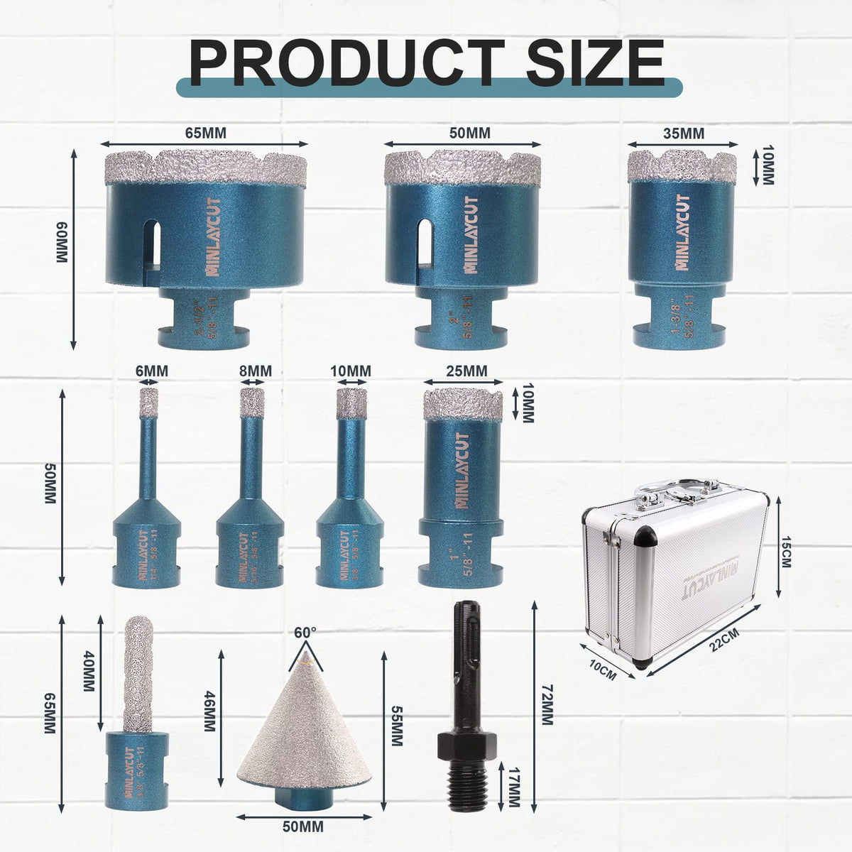 MINLAYCUT Diamond Core Drill Bits Set - Tile Hole Saw Kit 10pcs 6/8/10/25/35/50/65mm with 2" Diamond Beveling Chamfer Bits for Porcelain Ceramic Tile Granite Marble