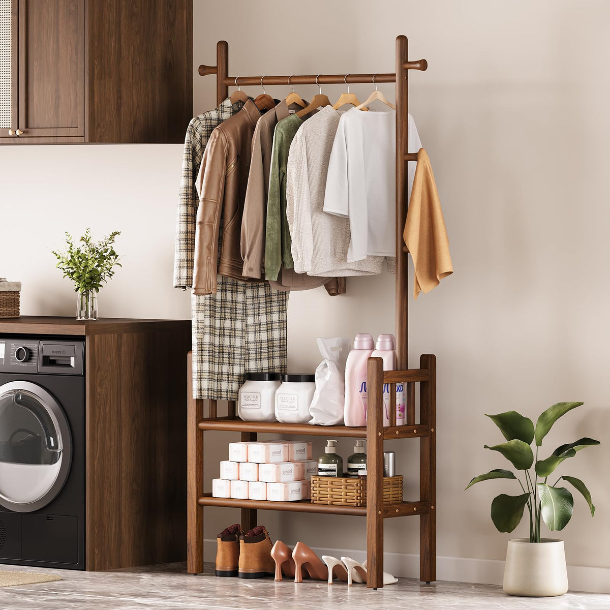 Yoobure Solid Wood Clothing Rack with Shelves - Coat Rack Freestanding with 6 Hooks, 3-in-1 Hall Tree for Hanging Clothes, Tall Garment Racks with Storage for Bedroom, Entryway, Living Room, Closet