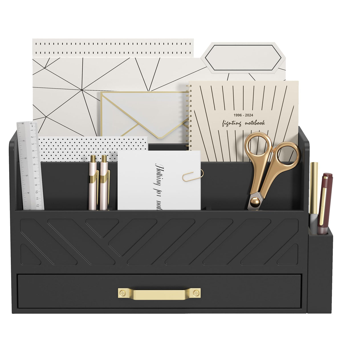 WISUCART Bamboo Desk Organizer Mail Holder Countertop Wood Desk Drawer Tabletop Storage Box Pen Holder Letter Sorter Makeup Organizer for School Home Office Supplies with Pen Holder Black
