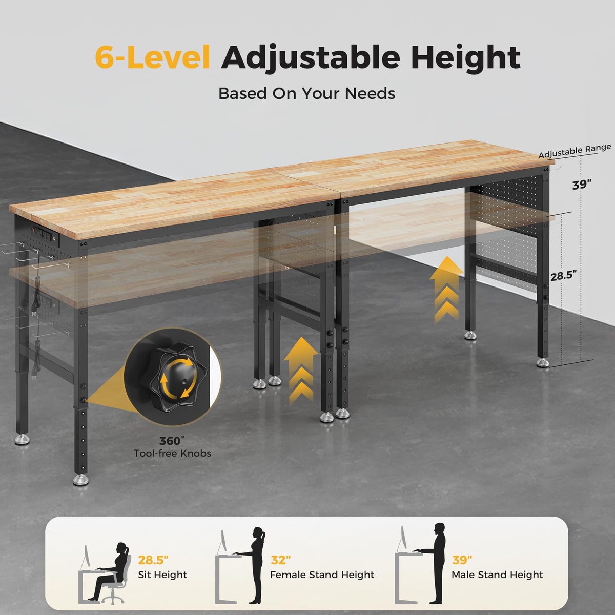 CAMMOO 96" Adjustable Heavy Duty Workbench, 2000 LBS Load Capacity Rubber Wood Work Table with Pegboard, Power Outlets, Work Bench for Garage, Workshop, Office, Home, Commercial, Ships in 2 Boxes