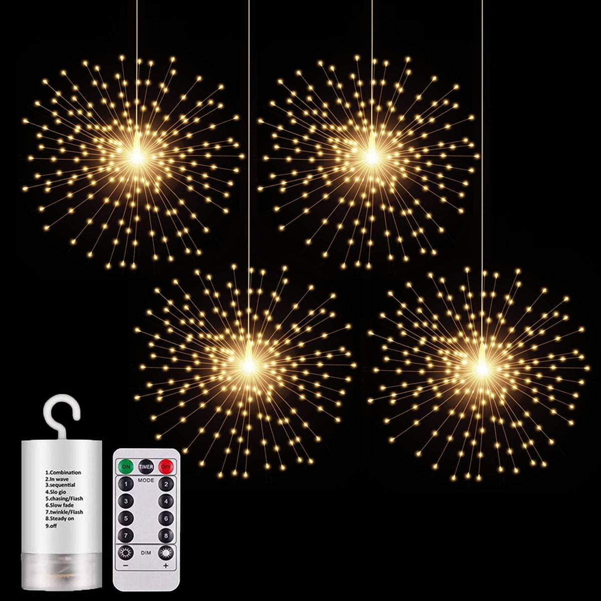 4 Pack 800 LED Starburst Sphere Lights, Battery Operated Firework Light, 8 Modes Dimmable Remote Control Waterproof Hanging Fairy Light, Copper Wire Lights for Patio Parties Christmas (Warm White)