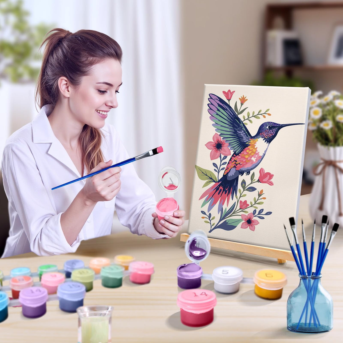 JOOZ 4 Pack Paint by Numbers Kit for Adults Framed, Hummingbird Paint by Numbers with Easel, DIY Flower Framed Adult Paint by Number Kits on Canvas, Oil Painting Kit for Home Decor 8x12 Inch