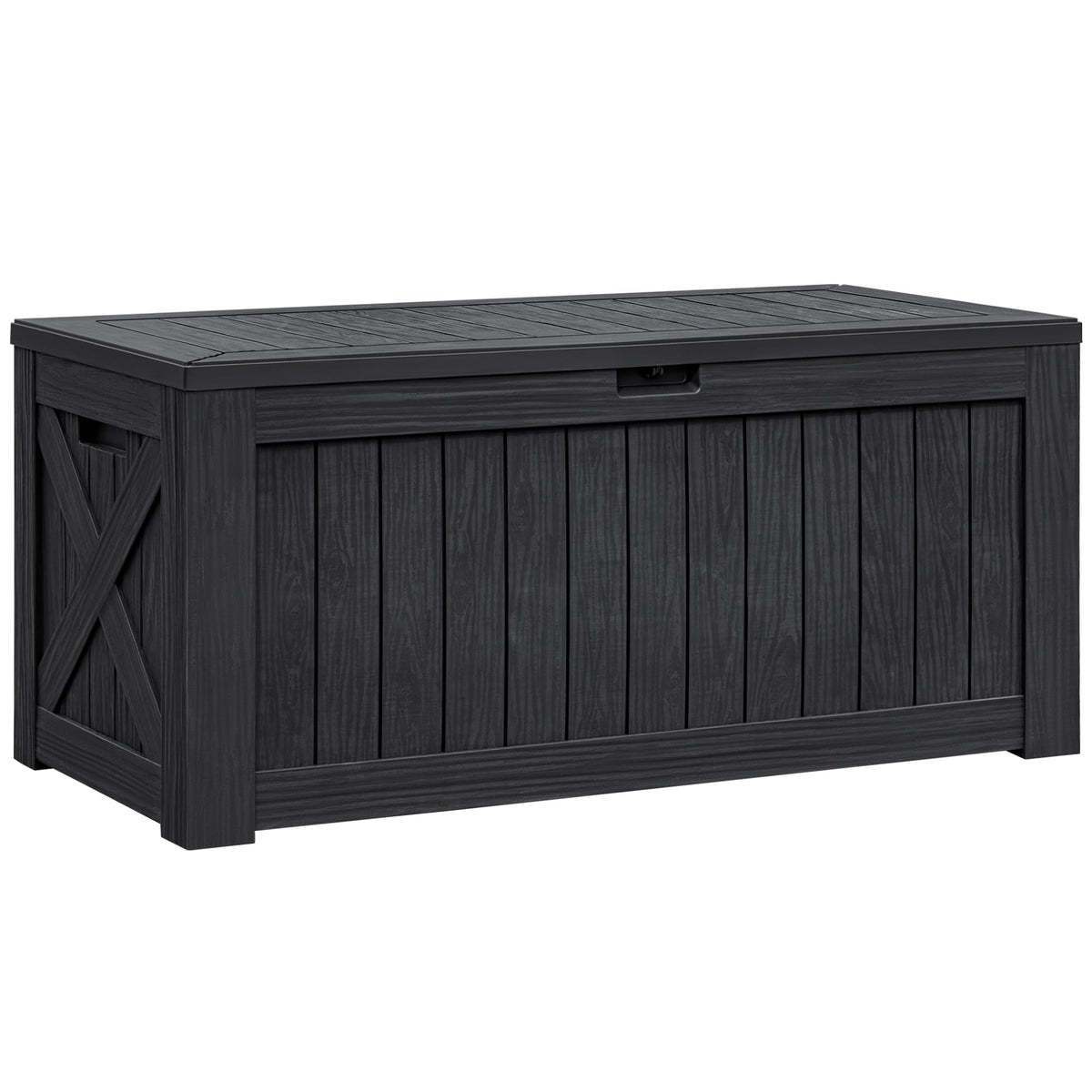 Flamaker Resin Deck Box 120 Gallon Waterproof Large Outdoor Indoor Storage Box Imitation Wood Resin for Patio Furniture Garden Tools and Pool (Black)
