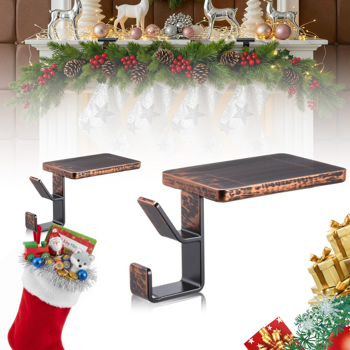 Chunful 2 Pcs 2 in 1 Fireplace Garland and Stocking Hangers Christmas Stocking Holder for Mantel Heavy Duty Metal Stocking Hanger Base for Fireplace Holiday Xmas Party Decor (Bronze)