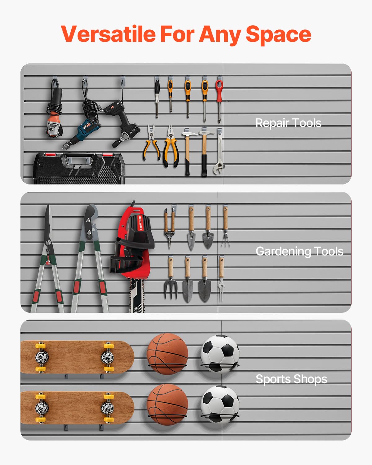 VEVOR Slat Wall Paneling, 8 x 4 ft, PVC Garage Slatwall with Accessories, Grey Slat Wall Easy-to-Install Adjustable Slatwall Panel with Coupling Structure & DIY Cutting, Fits for Storage & Display