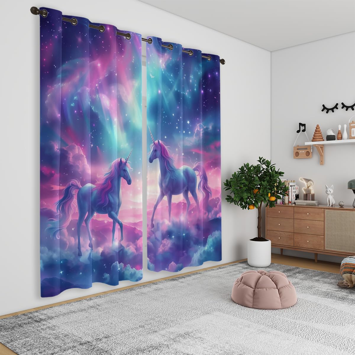 Fantasy Unicorn Blackout Curtains for Girls Boys Kids Teens Home Decor, Cute Starry Sky Stars Galaxy Grommet Thermal Insulated Drapes Darkening Window Curtain for Bedroom Living Room, 42 x 63 Inch