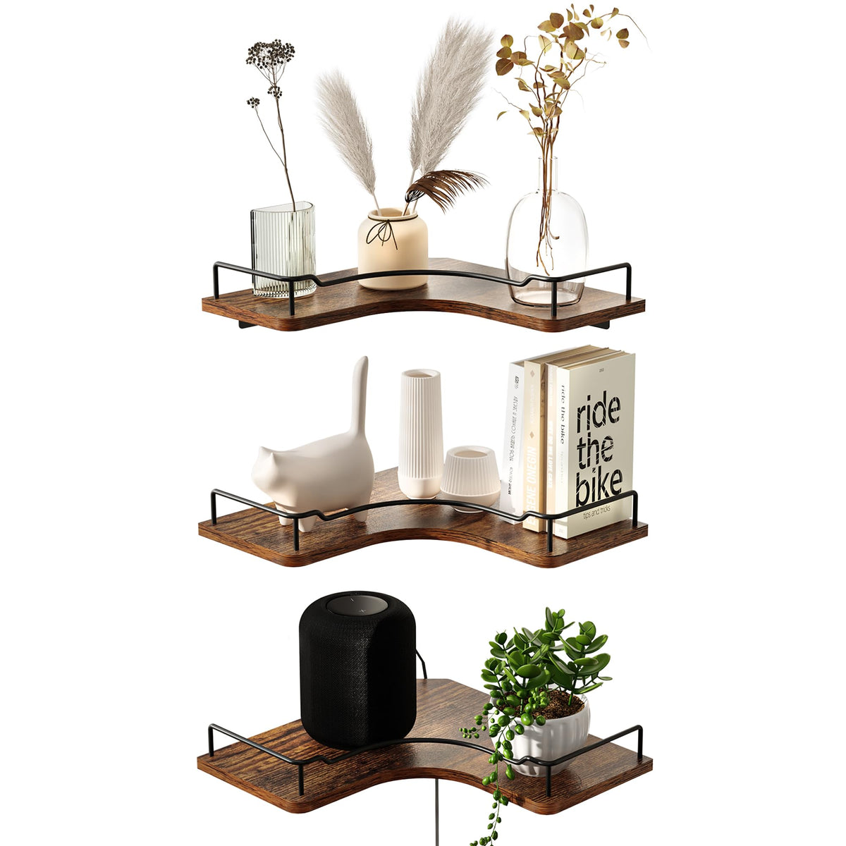 FNBAR L-Shaped Corner Floating Shelves Set of 3,Rustic Wood Wall Mounted Storage Shelves,Display Shelf for Bathroom, Kitchen,Bedroom, Living Room, Office (Brown)