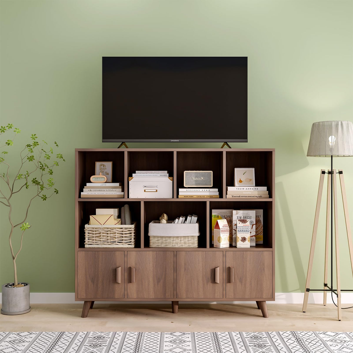 OSCHF Cubby Shelf Bookcase with Doors - Wooden 11 Cube Floor Standing Open Bookshelf with Solid Wood Legs, 3-Tier Storage Cabinet, Walnut