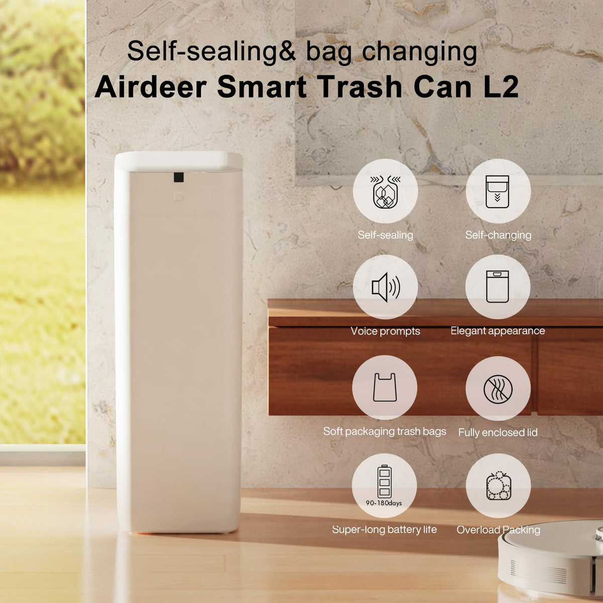 Airdeer L2 Automatic Trash Can, 8 Gallon Self Sealing and Self-Changing Smart Trash Can, Motion Sensor, Touchless Garbage can with lid for Kitchen Office, 6 Refill Bag Rings(White)