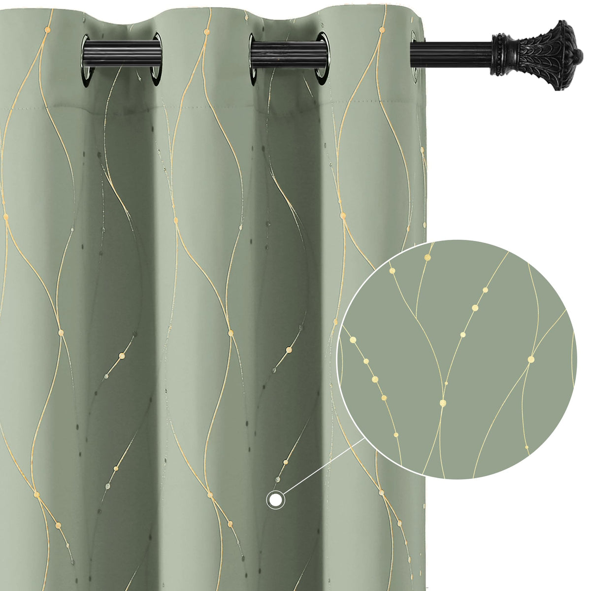 BUHUA Blackout Curtains Gold Foil Print Wave Line and Dots Grommet Drapes, Room Darkening Thermal Insulated Curtains, Noise Reducing Curtain for Bedroom, Sage Green, 52Wx72L, 2 Panels