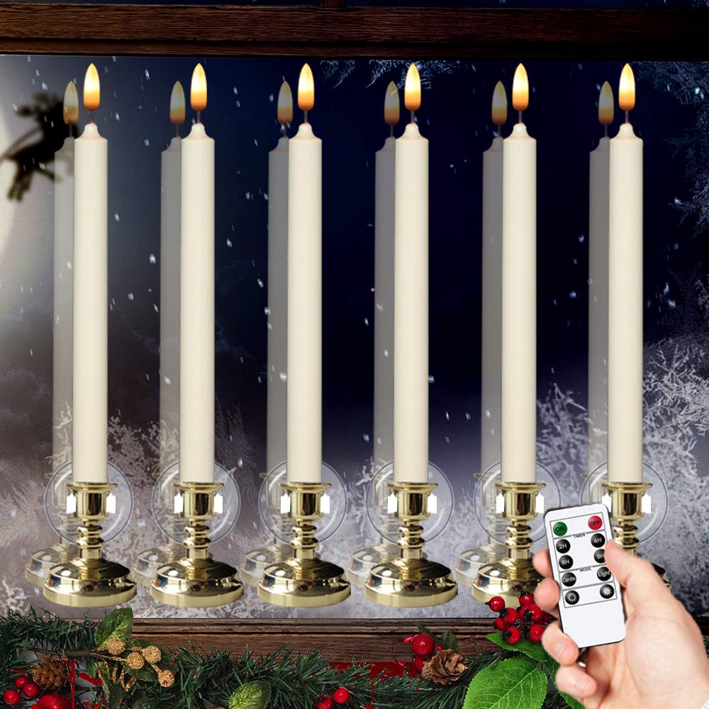 Wondise Flameless Window Candles with Timer & Remote, 10" Battery Operated 3D Wick LED Flickering Window Candles for Christmas Decoration, Removable Gold Holder and Suction Cups Included(6 Pack)