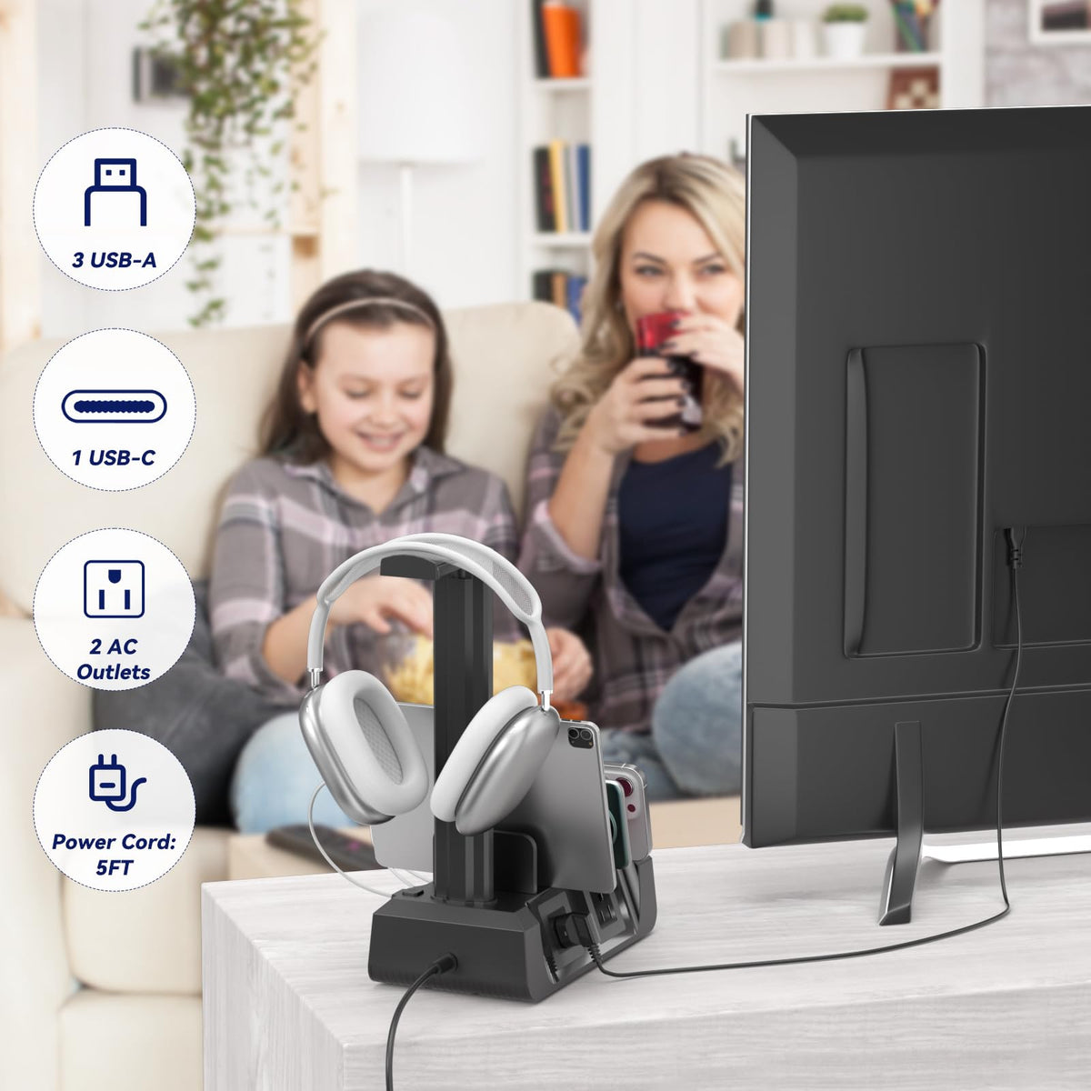 KDD Charging Station with 6 Charging Cables - Fast Charging 6 in 1 Cellphone Charging Dock with Headphone Stand and Watch Holder - 2 AC&USB A&USB C, Storage Station for Smartphone,Tablets, AppleWatch