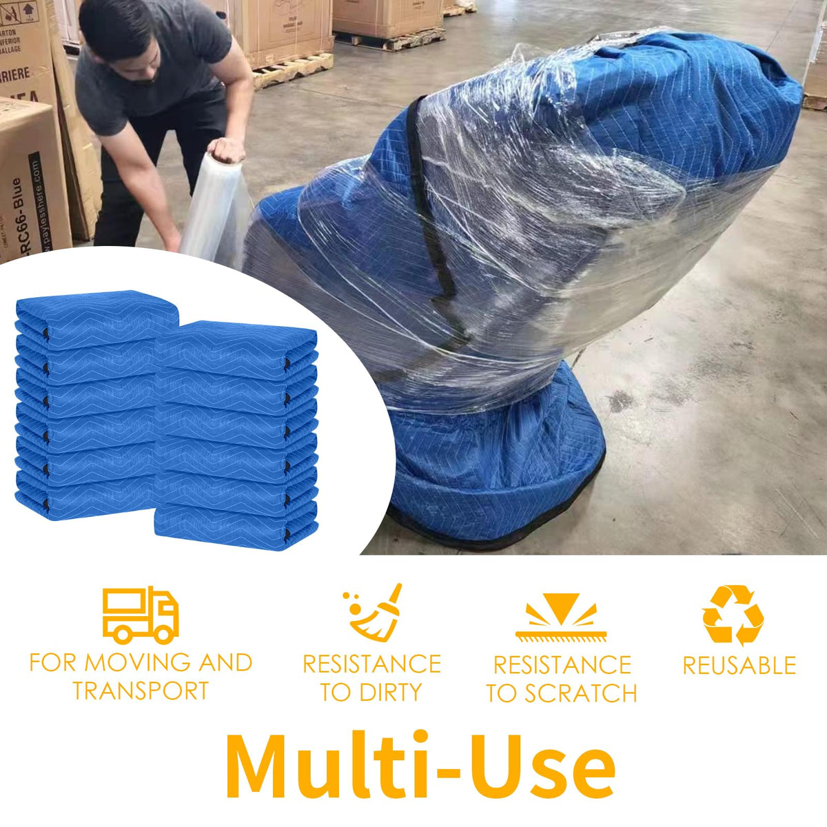 Moving Blankets 12 Packs, Extra Large 80"x72" Furniture Moving Pads, Reusable Packing Blankets, Professional Quilted Furniture Shipping & Storage Pads for Couch Desk Cabinet Appliances, Blue and Black