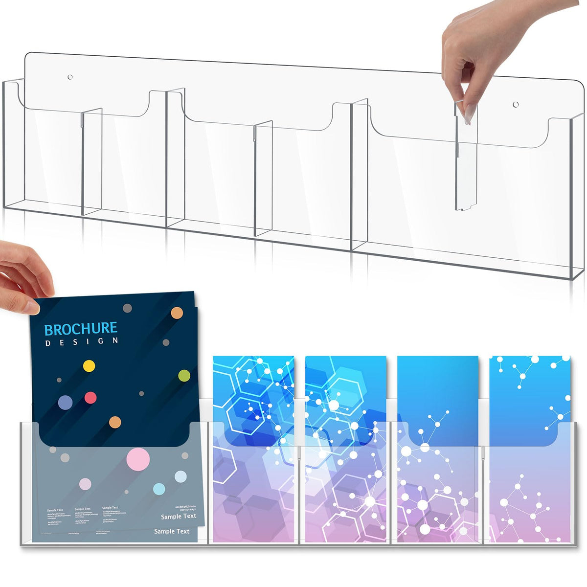 Sherr Acrylic Brochure Holder Wall Mount with Removable Adjustable Dividers, 6/ 3 Pockets Large Capacity Literature Display Stand for 4''x 9'',8.5''x11'' Pamphlets, 26.7''x7'' for Office Hotel Lobby