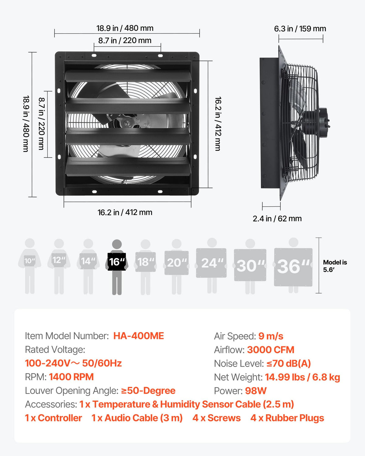 VEVOR 16 inch Exhaust Fan, Wall Mounted Attic Fan with Variable Speed, Temperature & Humidity Controller, 3000 CFM, Automatic Shutter