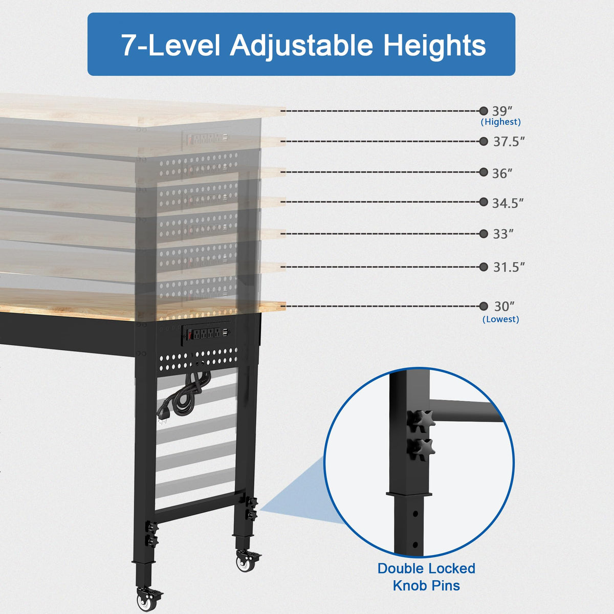 HARDURA 48" Adjustable Wooden Workbench with Wheels, Built-in Power Outlets, 1320 lb Load Capacity for Workshop