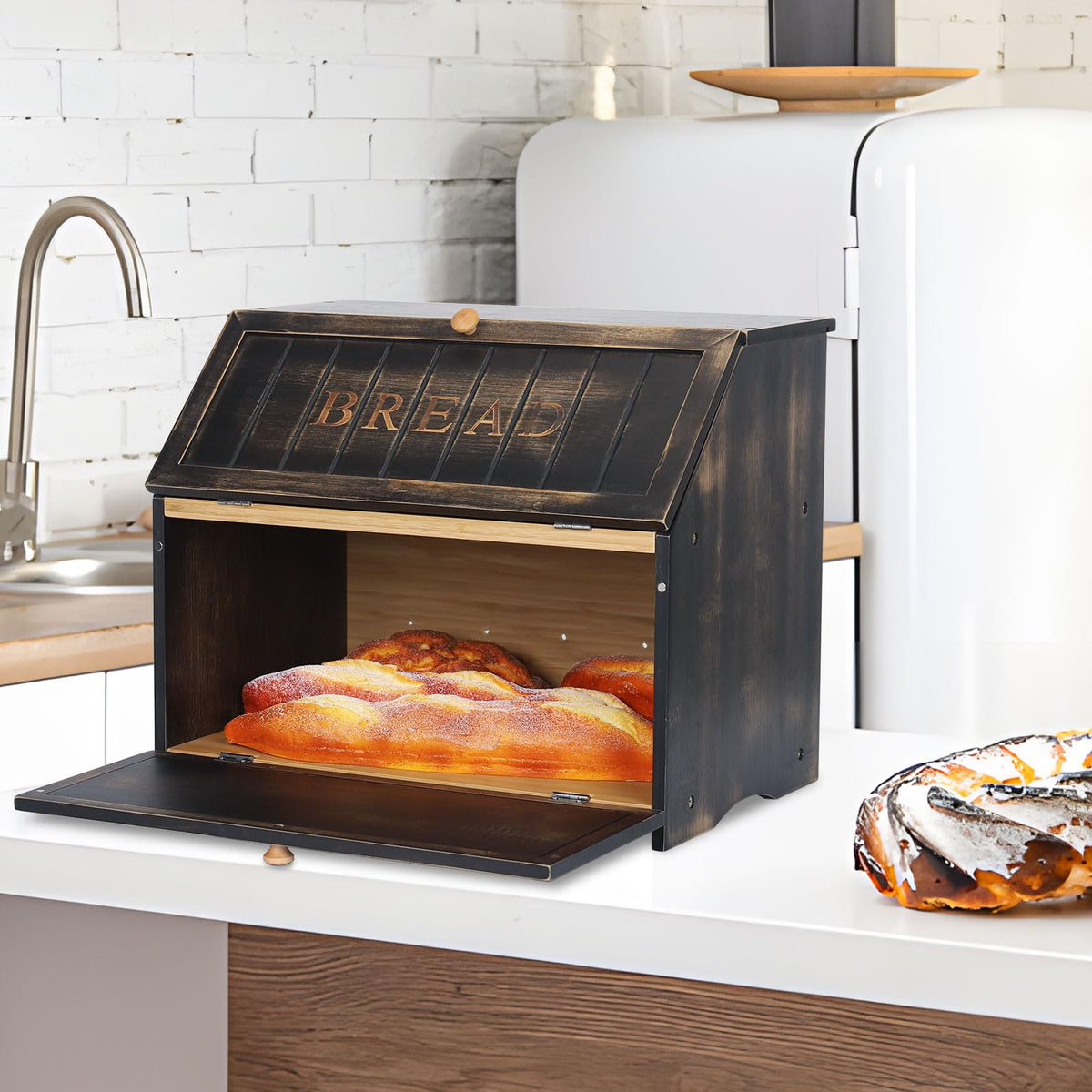 HOMEKOKO Double Layer Large Bread Box for Kitchen Counter, Retro Design Wooden Large Capacity Bread Storage Bin (Vintage Black)