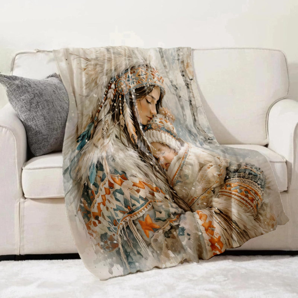 Turamurra Boho Mother Baby Throw Blanket Gifts for Kids Women, Tribal Winter Love Native Family Blankets for Home, Living Room, Bedroom Decor, Flannel Plush 50"x60"