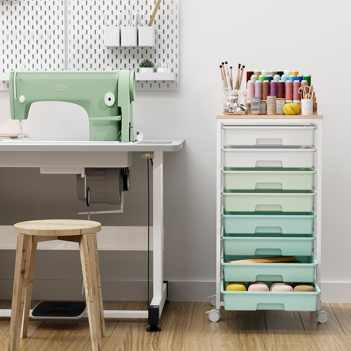 Storage Cart with 8 Drawers, Utility Cart with White Drawers and Wooden Tabletop, Craft Cart, Teacher Organization for Classroom, Storage Furniture, Office Organization, Green