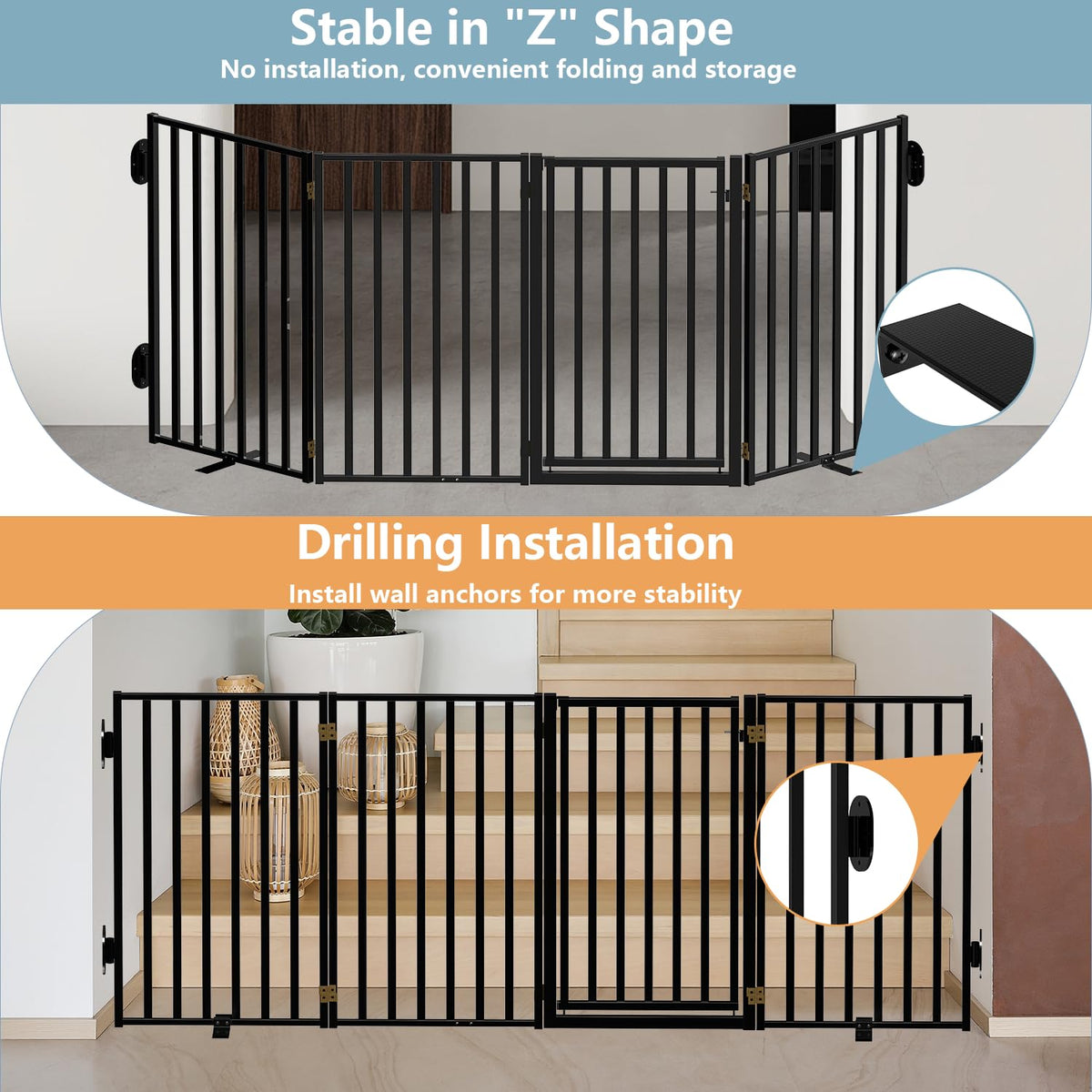 Lezbanz Full Metal Freestanding Dog Gates with Door, 32" Height Dog Fences for Indoor & Outdoor, Extra Wide Foldable Pet Gates for Stairs, Hallways, Doorways, Yard (4 Panels, 80" W × 32" H)