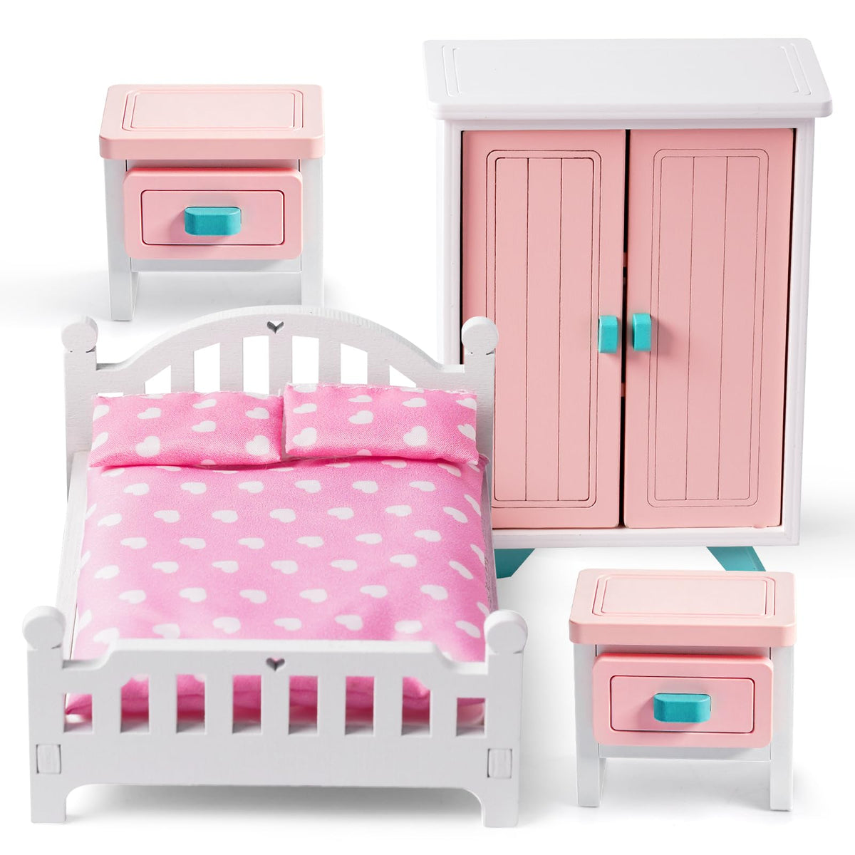 BABESIDE Mini Dollhouse Bedroom Furniture Set,7 PCS Pink Wooden Doll House Accessories for 3 Inch Dolls with Bed, Nightstands, Wardrobe, Pillows & Mattress – Gift for Girls, Kids Miniature Room Toy