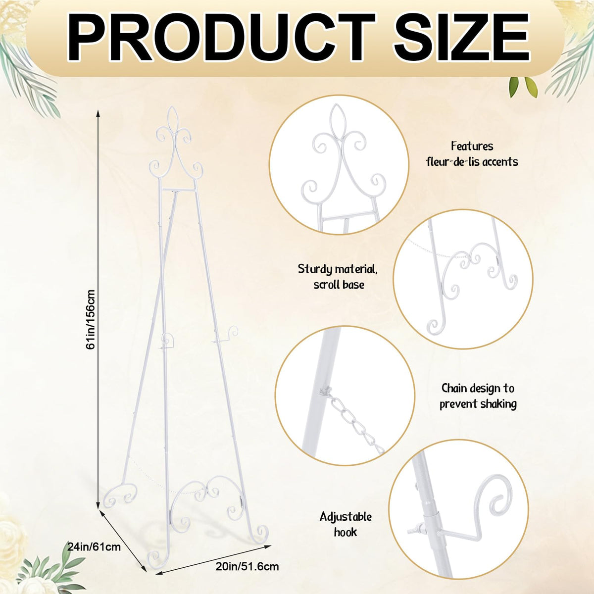 Tosstuki White Easel Stand for Sign Adjustable Wedding Welcome Sign Stand Metal Floor Easel with Chain Support for Wedding Poster Photo Art Pictures Painting Display (61 Inch)