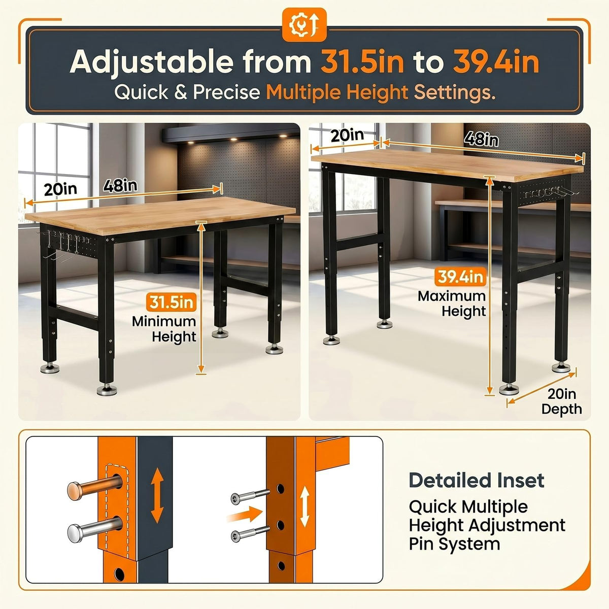 TLGREEN 48" Adjustable Workbench | Solid Rubberwood Top | 2000lbs Heavy-Duty Work Table | Pegboard, Hooks & Power Outlets | Garage, Workshop, Office