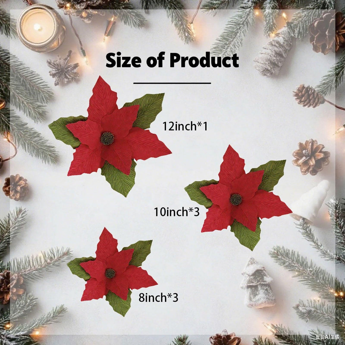 Handmade Poinsettia Christmas Flowers Decoration, Crepe Paper Poinsettia Flower with Clips Christmas Tree Artificial Flower Decorations with Stems for DIY Xmas Wreath Holiday Party Home Wall Decor