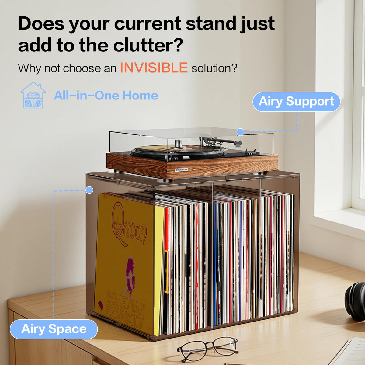 Bikoney Vinyl Record Storage,Stackable Cube Acrylic Vinyl Record Holder,Tabletop Record Player Stand,Vinyl Holder & Album Storage Box Crate Bin, Warm Amber