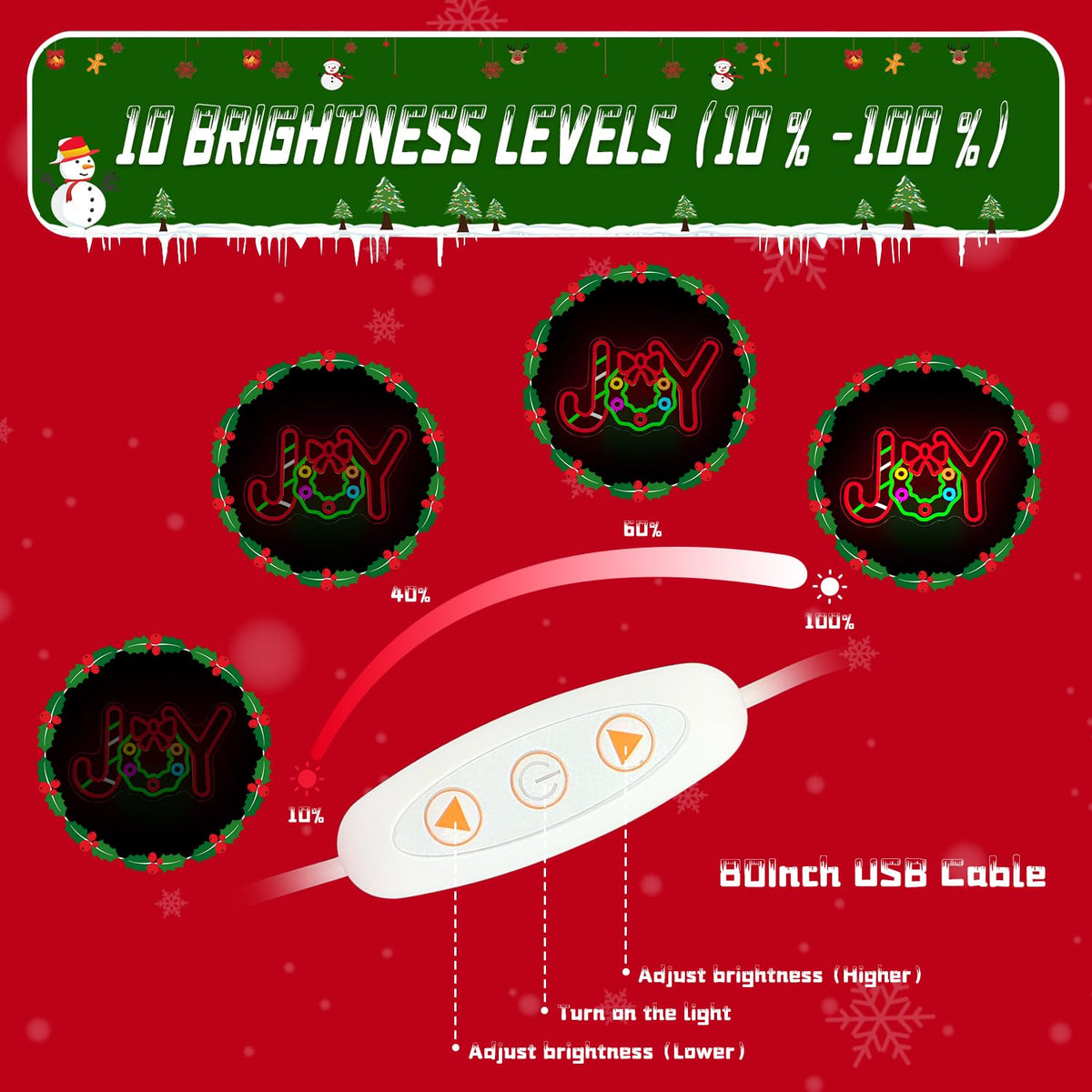 Neon Sign Christmas Joy Led Sign Candy Neon Decorations Dimmable Light Up Sign for Party Bedroom Kids Gift Living Room Winter Home