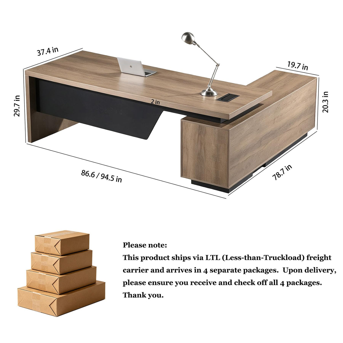 ONNAHOMEStlyle L Shaped Desk with File Drawer, Solid Wood Large Executive Desk for Home Office, Adjustable Width (86.6" to 94.5"), Storage Cabinet & 2 Drawers, Left Return