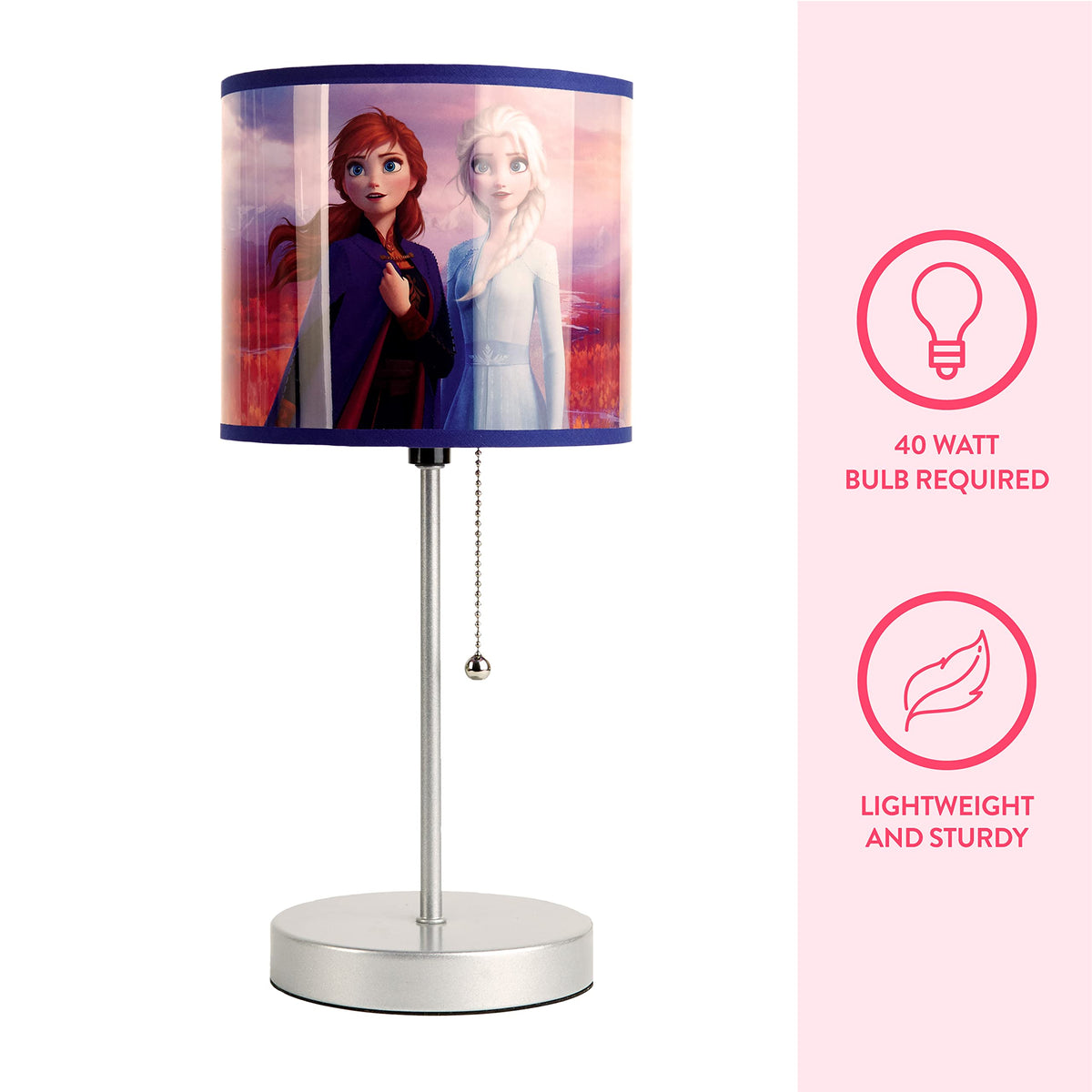 Frozen 2 Stick Table Kids Lamp with Pull Chain, Metal, Themed Printed Decorative Shade