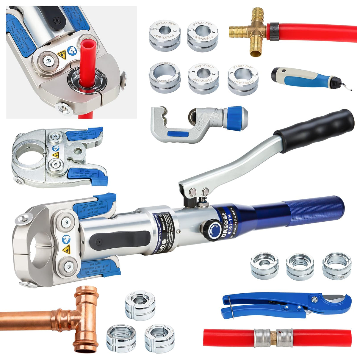 IBOSAD Hydraulic Copper Pipe Tube Fittings Crimping Tool with 30° Angle Jaw with1/2,3/4,1" Die for Copper Pipe and F877 Stainless PEX Press Sleeves,3/8" to 1" Die for F1807 Pex Pipe Copper Ring
