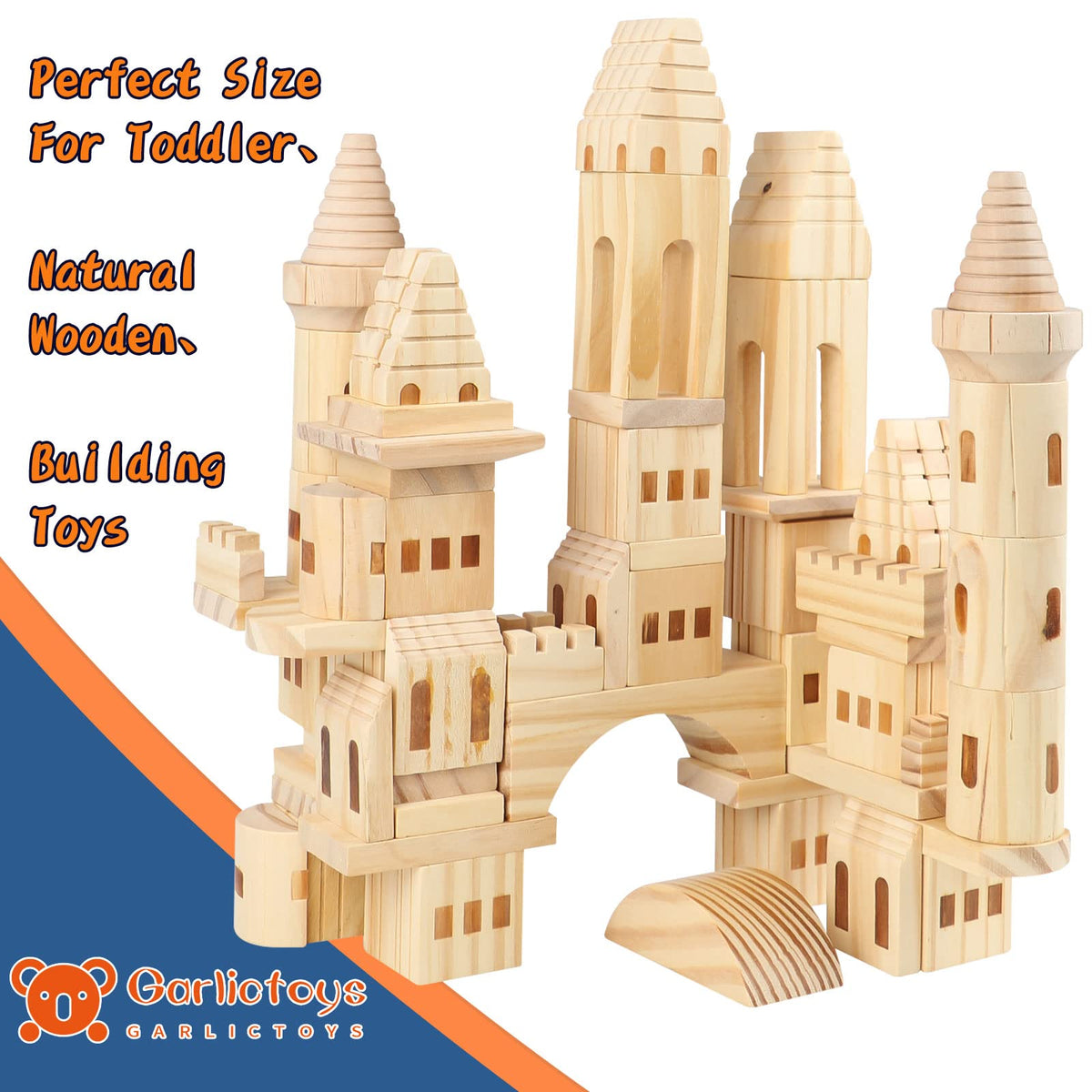 Garlictoys 75 Pieces Wooden Castle Blocks Medieval Knights Princesses Wooden Castle Building Blocks Kit for Kids Boys and Girls