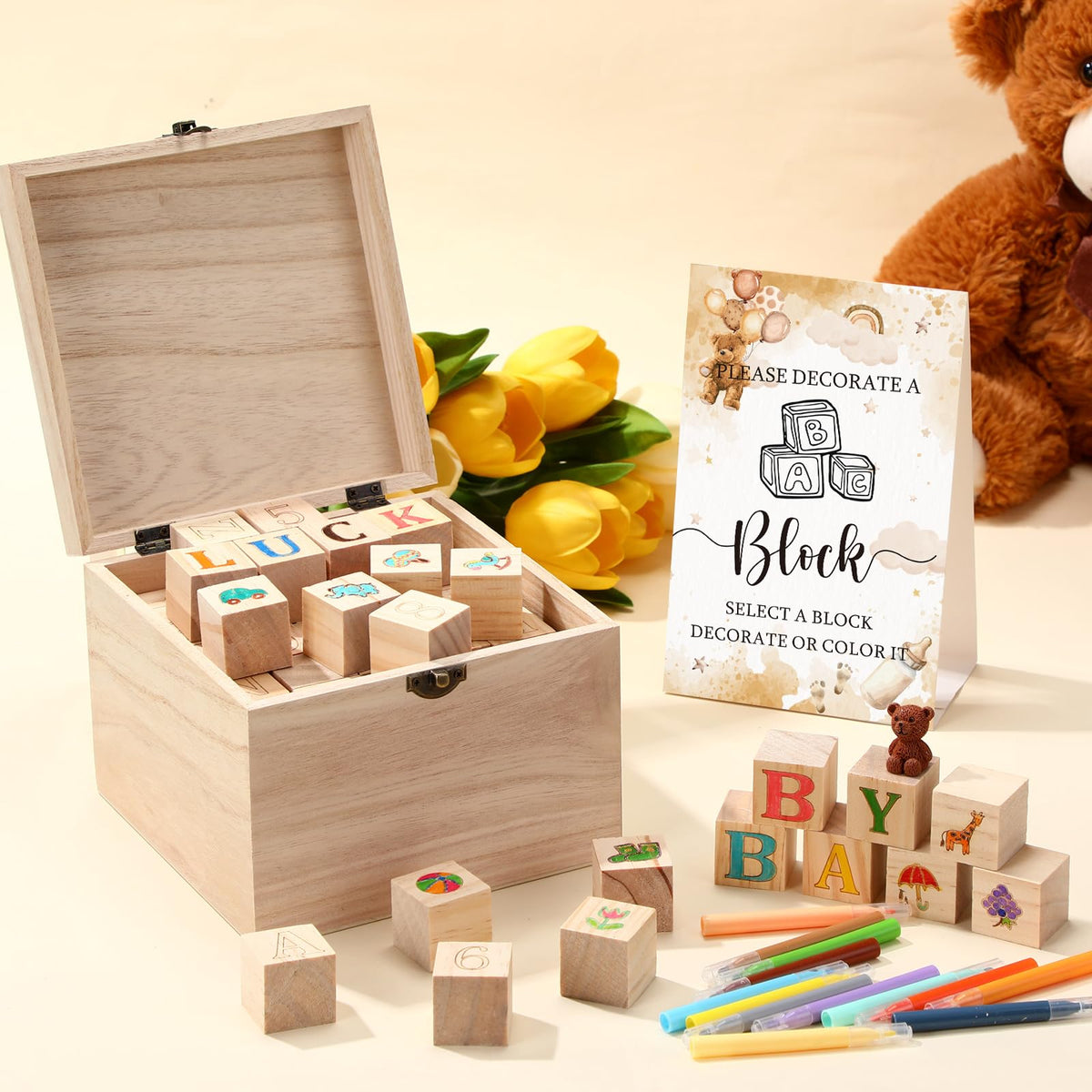 Marsui 136 Pcs Baby Shower Blocks to Decorate Game Kit Includes 98 Wooden Blocks, 36 Markers, 1 Game Sign, 1 Storage Box for Baby Shower Gender Reveal Activity Party Decorations(Brown Bear)