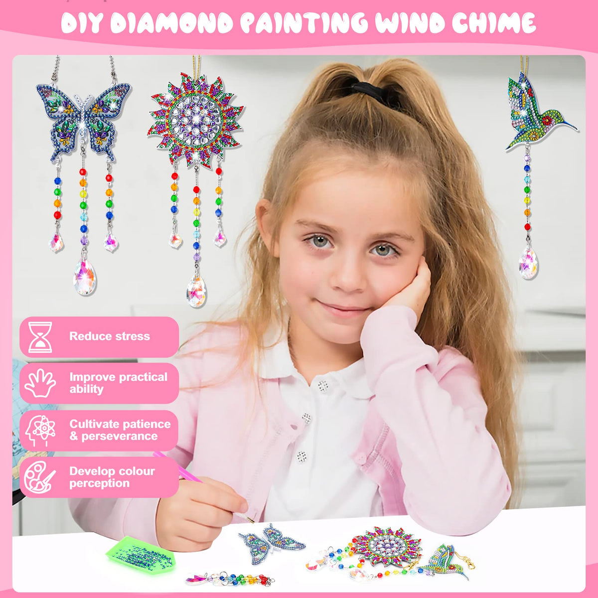 Crafts for Kids Ages 8-12, Birthday Gifts Presents for 6 7 8 9 10 11 Year Old Girls Diamond Painting Kits for Girl Toys Age 5-11 Teen Adults Wind Chimes Crystal Window Suncatcher for Home Garden Decor