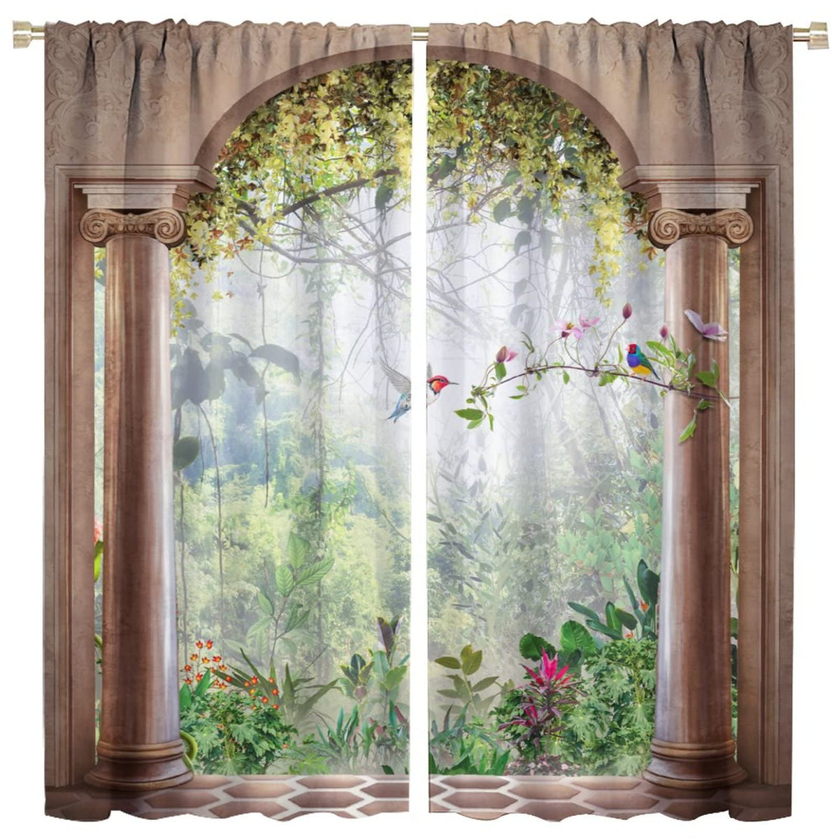 Italian Curtains,Tropical Scenery Plant Birls Arch View Room Darkening Door Window Rod Pocket Curtain for Living Room Bedroom Kitchen Bathroom W42xL45in