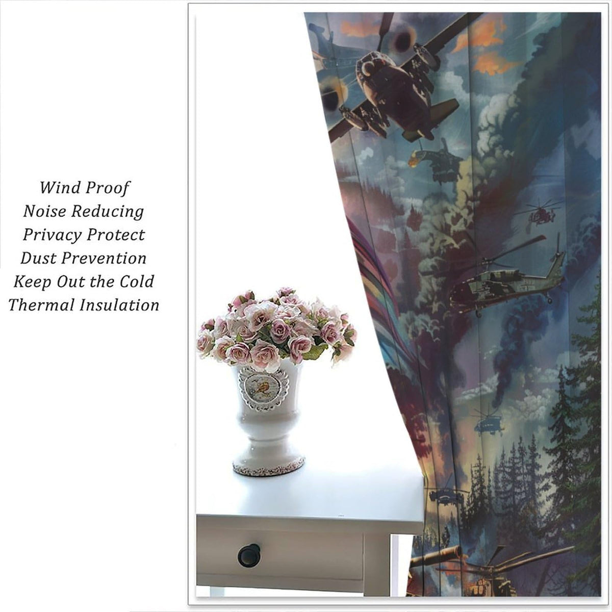 TOWINSFB Military War Theme Blackout Curtains, USA Tank Plane American Soldier Home Decor Rod Pocket Window Drapes for Living Room Bedroom - 42" W x 45" L