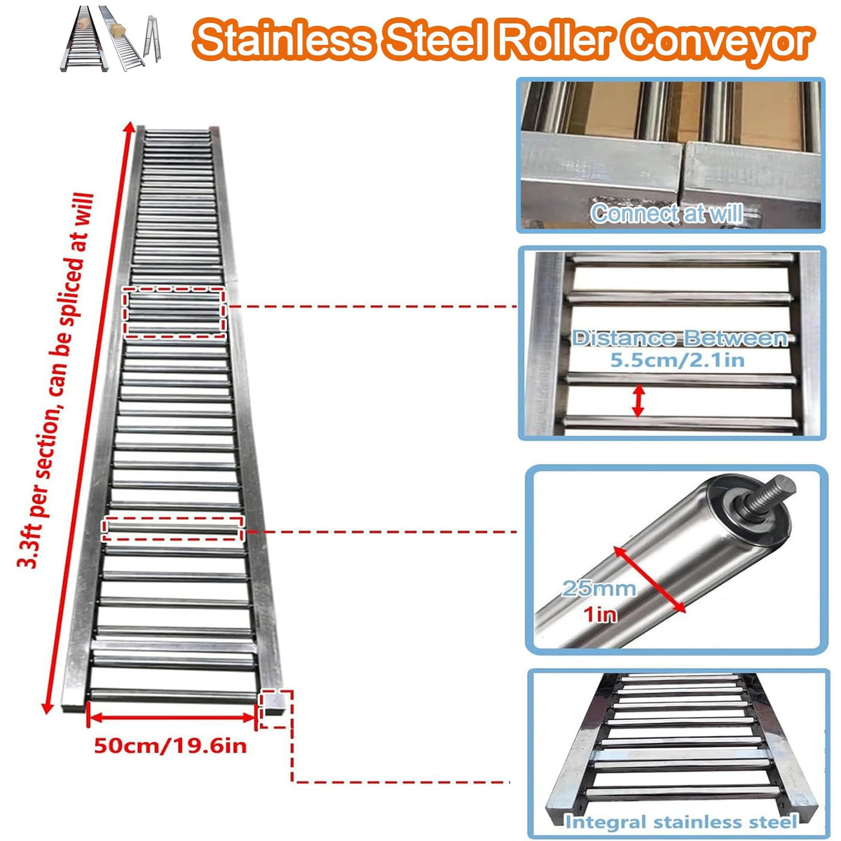 Heavy Duty Adjustable Gravity Conveyor Roller for Warehouse Unloading, 3.3 to 33ft Lengths, 16in Width, Versatile Height Stand for Efficient Material Handling