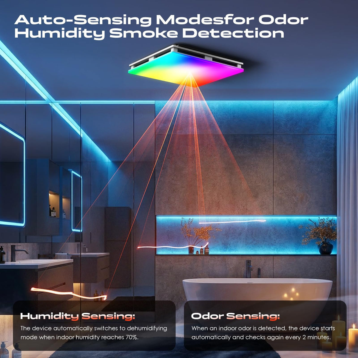 BSEED Wifi Smart Bathroom Exhaust Fan with Light, Bluetooth Speaker & Humidity Sensor, 230 CFM 1.5 Sone, 7 RGB Modes & 3CCT Adjustable Light & Nightlight, Music Sync, App/Remote Control, Easy Install