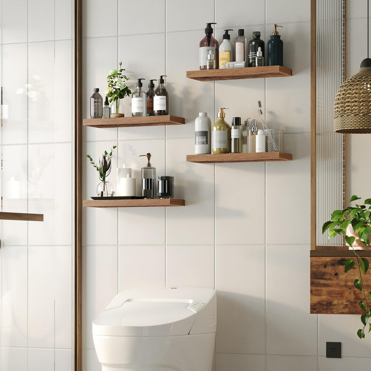 HOOBRO Floating Shelves for Wall, Wall Mounted Shelf Set of 2, 23.6" Hanging Shelf with Invisible Brackets, for Wall Decor Storage in Bathroom Bedroom Kitchen Living Room Office, Rustic Brown BF60BJ01