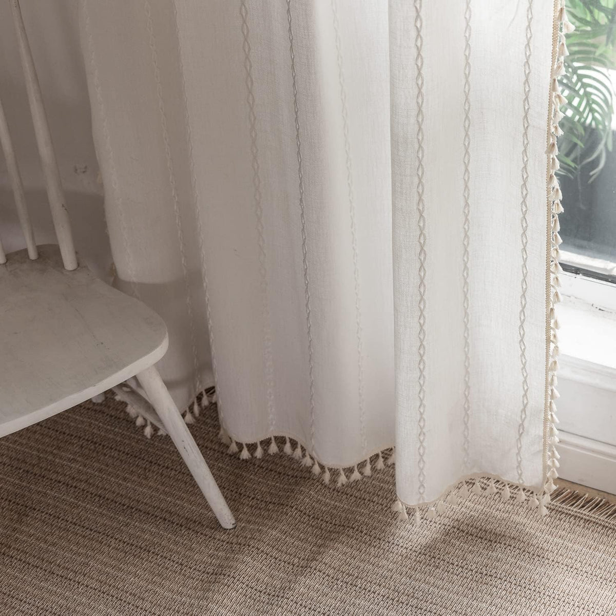 BCLBUSTE Boho Curtains Semi-Blackout 84 Inch 2 Panels for Living Room, Linen Tassels Farmhouse Curtains with Embroidery for Bedroom Rod Pocket Draperies 52" W x 84" L, Off White